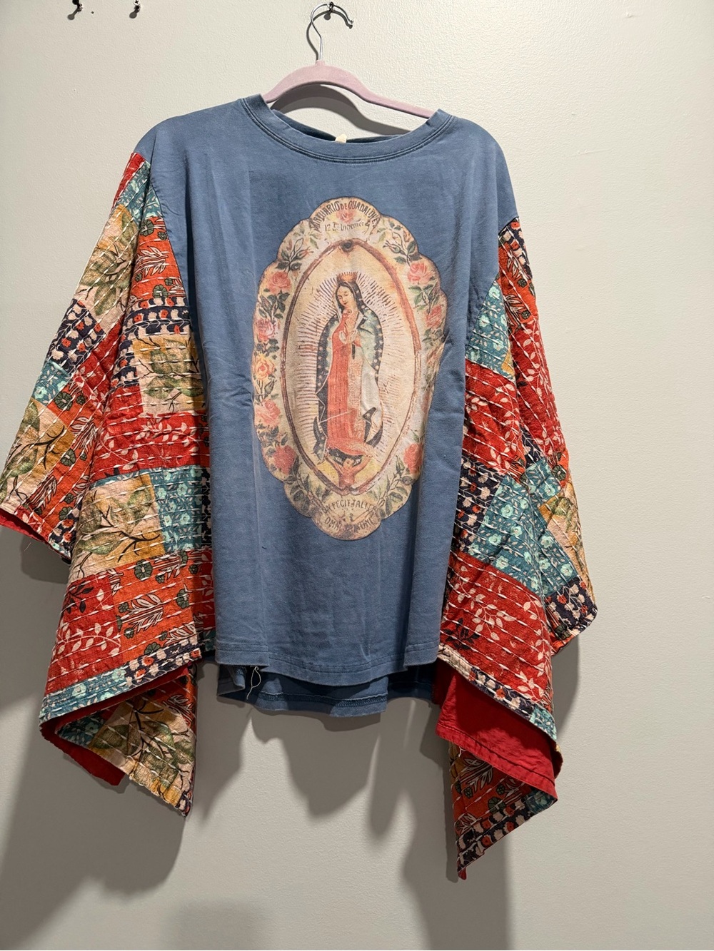BLUE VELVET Virgin Mary Print Kantha Poncho Top